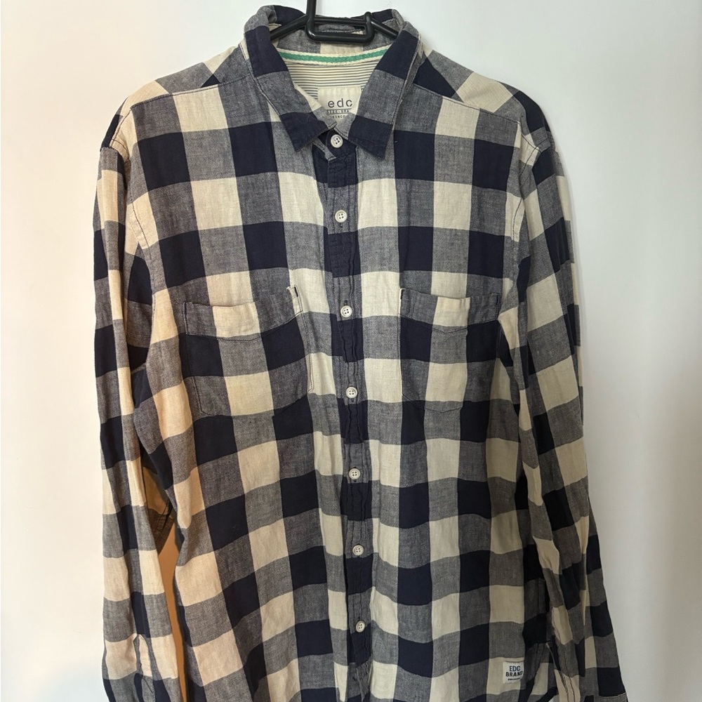 Blue and Cream Casual Button Down Shirt linen blend